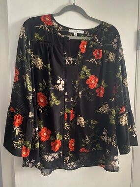 Fever Brand Black Floral Peasant Blouse with Red and Green Accents